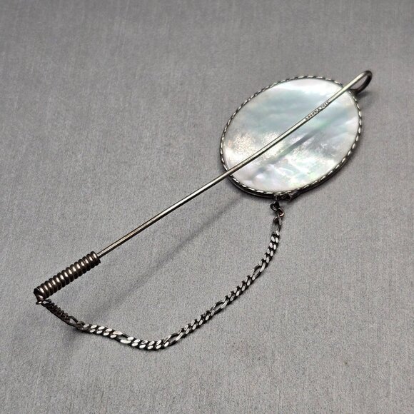 VTG Italian Sterling Silver MOP Stick Pin 3" Figaro Safety Chain - Picture 3 of 11